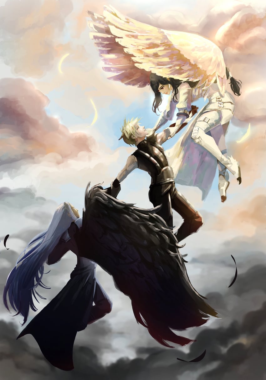tifa lockhart, cloud strife, and sephiroth (final fantasy and 2 more) drawn by heva