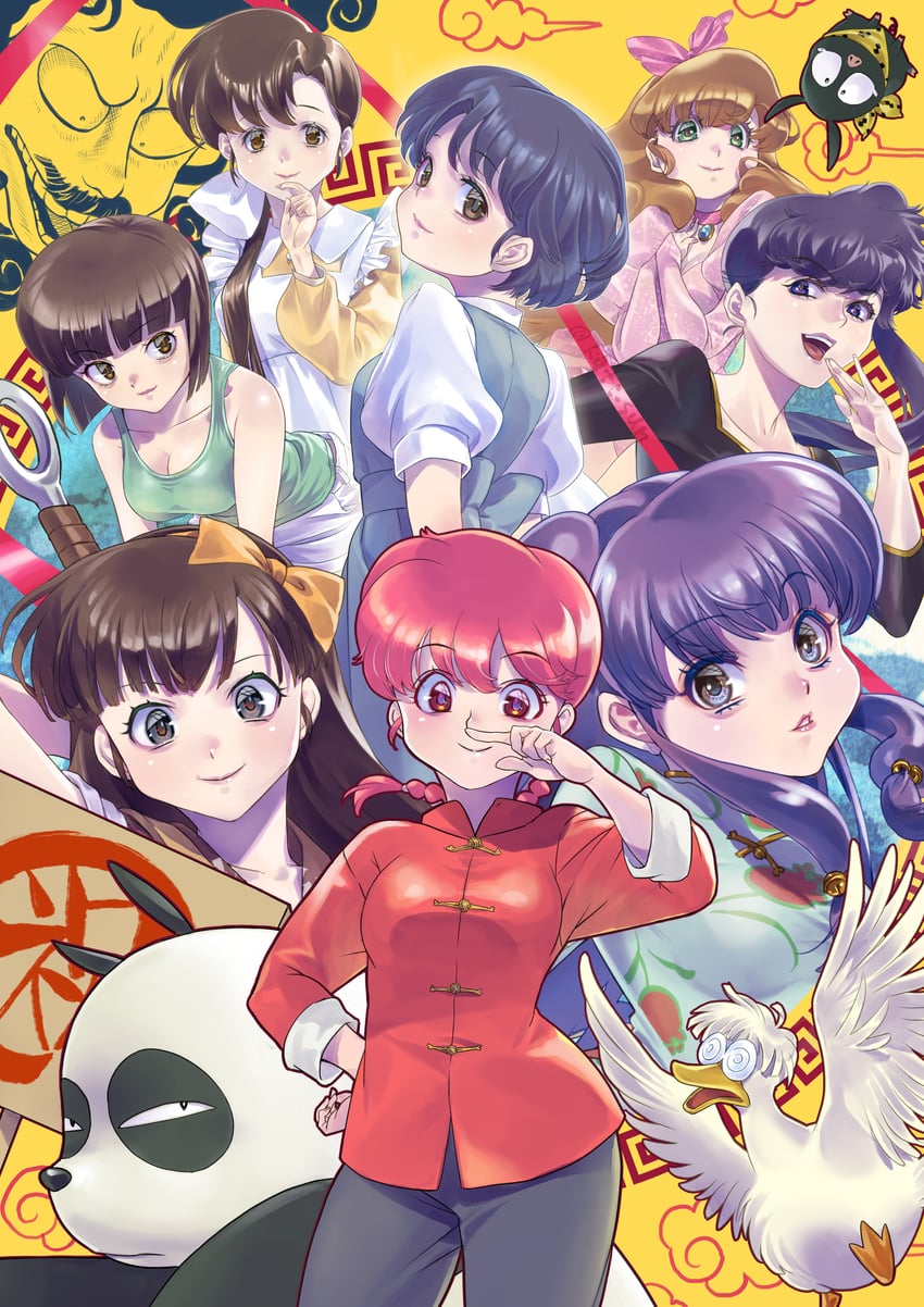 ranma-chan, tendou akane, saotome ranma, p-chan, tendou nabiki, and 8 more (ranma 1/2) drawn by katt_sun