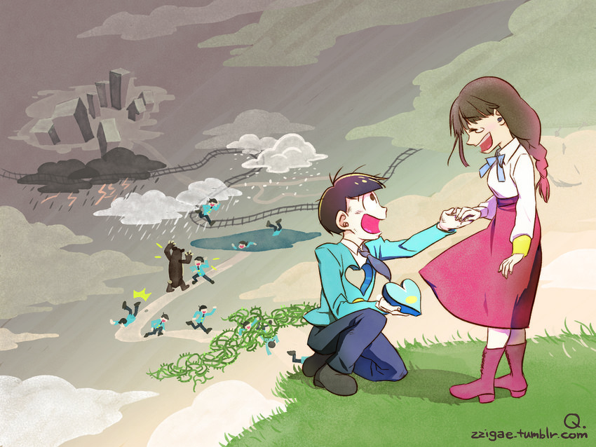 matsuno jyushimatsu and jyushimatsu's girlfriend (osomatsu and 1 more) drawn by zzigae