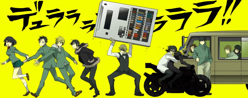 orihara izaya, sonohara anri, heiwajima shizuo, celty sturluson, ryuugamine mikado, and 6 more (durarara!!) drawn by fujimura_(marina)