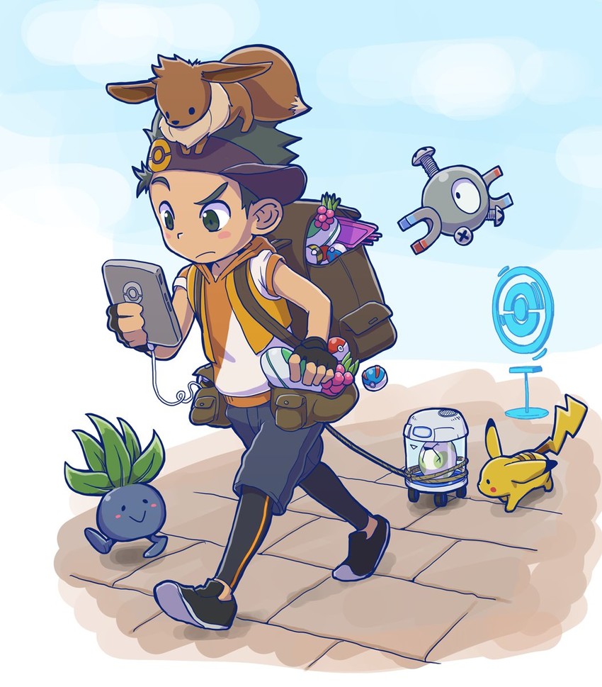pikachu, eevee, magnemite, oddish, and male protagonist (pokemon and 1 more) drawn by las_(las72)