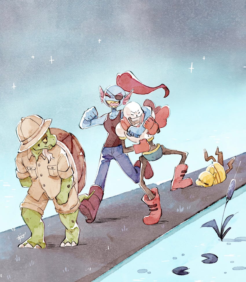 papyrus, undyne, monster kid, and gerson (undertale) drawn by zunda_e_damame