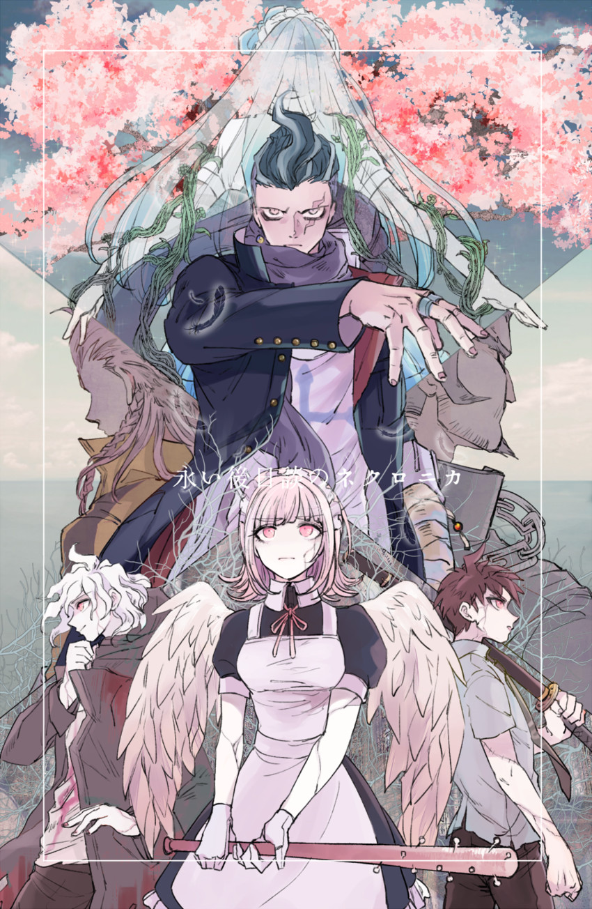 nanami chiaki, komaeda nagito, hinata hajime, tanaka gundham, soda kazuichi, and 1 more (danganronpa and 1 more) drawn by goro_nyanko