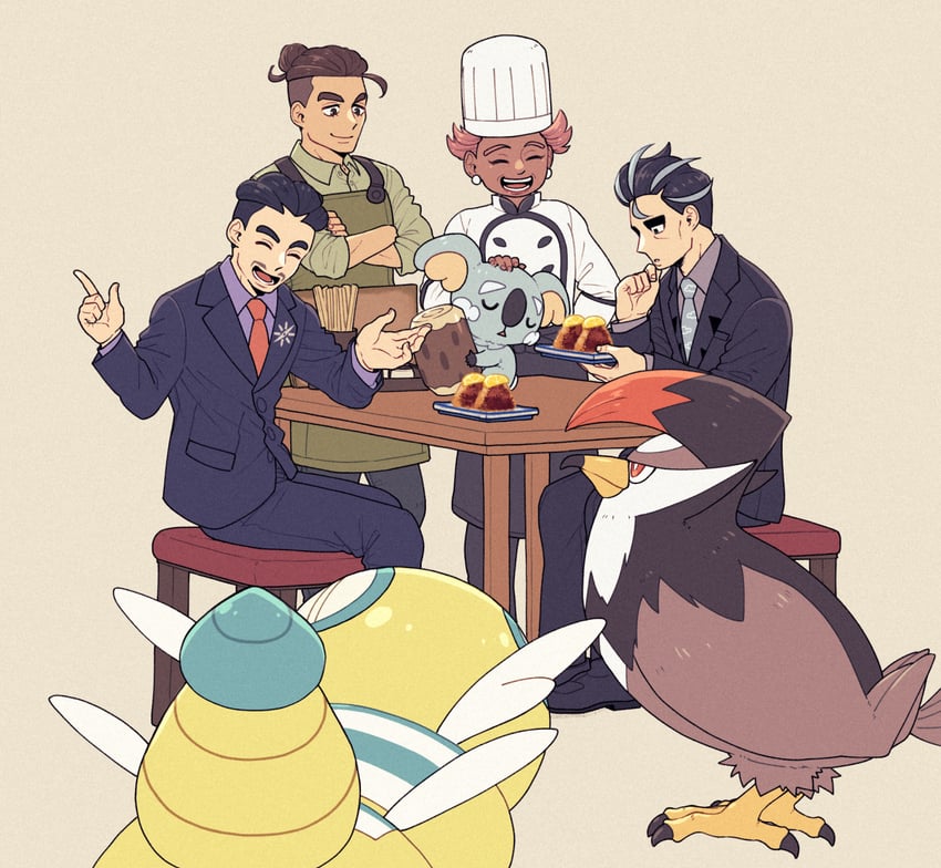 larry, staraptor, komala, dudunsparce, waiter, and 1 more (pokemon and 1 more) drawn by batabiru