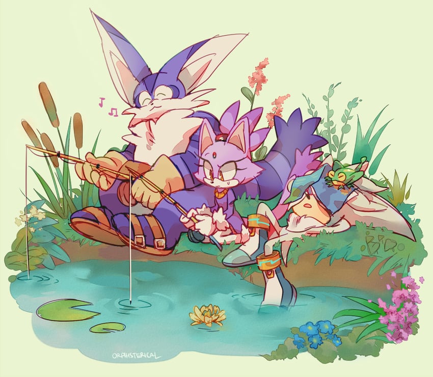blaze the cat, silver the hedgehog, big the cat, and froggy (sonic) drawn by orphisterical