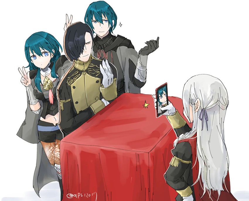 female byleth, edelgard von hresvelg, male byleth, and hubert von vestra (fire emblem and 1 more) drawn by robaco