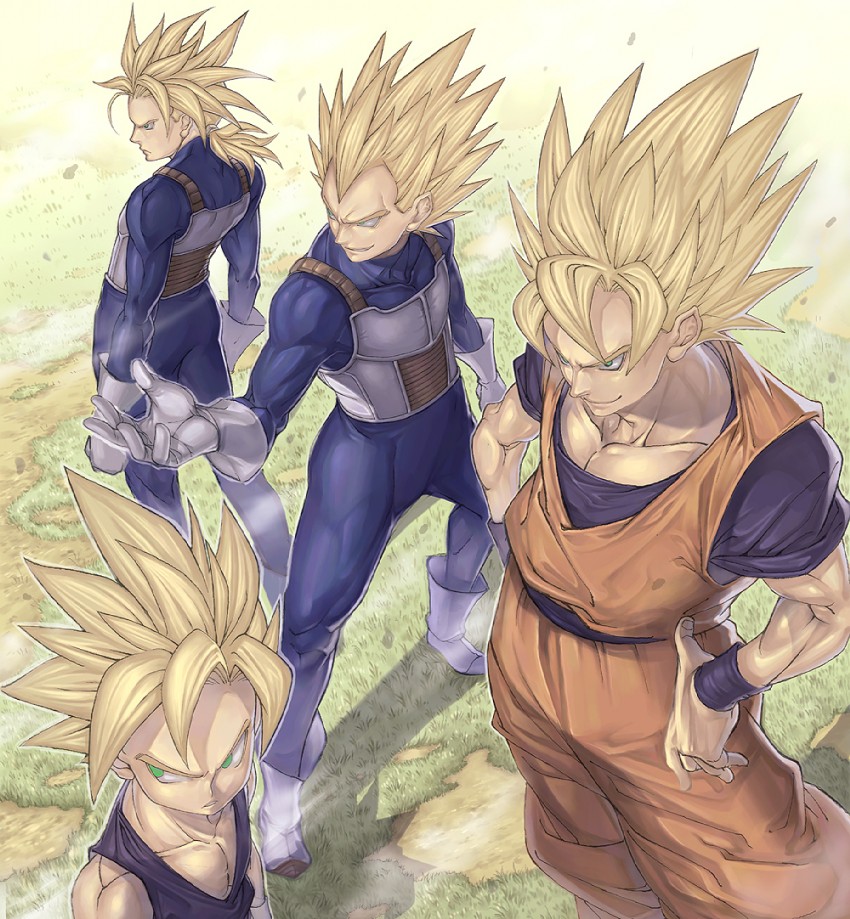 son goku, vegeta, son gohan, and trunks (dragon ball and 1 more) drawn by katsutake