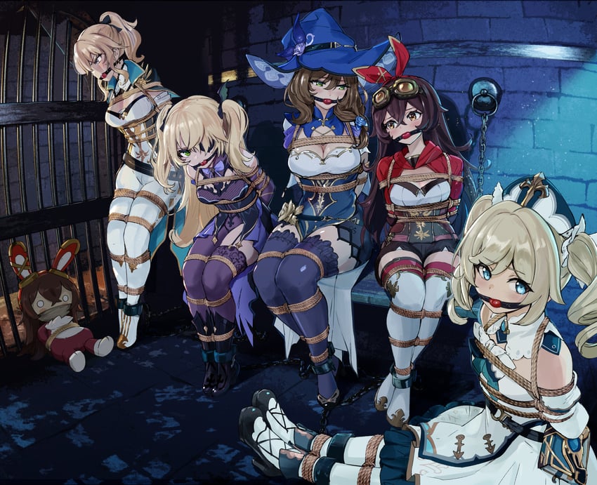fischl, barbara, jean, amber, lisa, and 1 more (genshin impact) drawn by sharpffffff