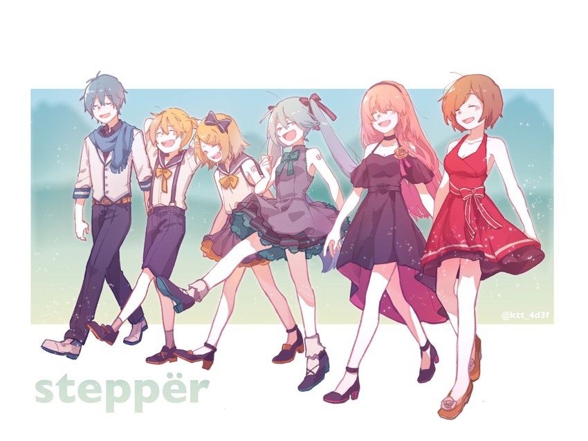 hatsune miku, kagamine rin, kagamine len, megurine luka, kaito, and 1 more (vocaloid) drawn by mi_no_take