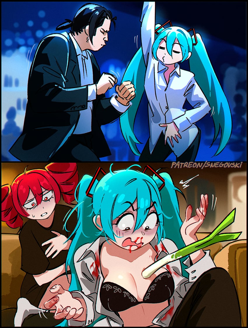 hatsune miku, kasane teto, john travolta, and vincent vega (vocaloid and 2 more) drawn by snegovski