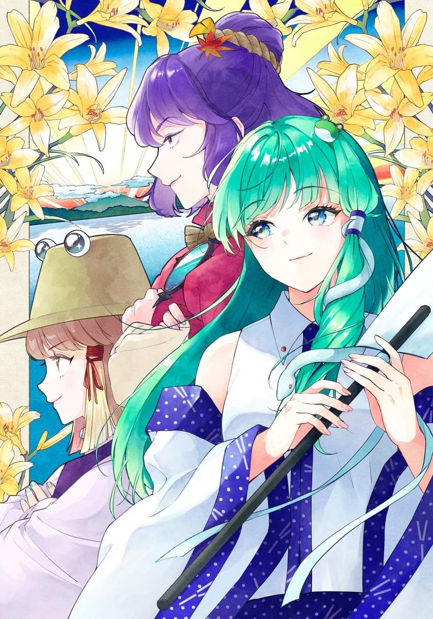 kochiya sanae, moriya suwako, and yasaka kanako (touhou) drawn by konruri_blue