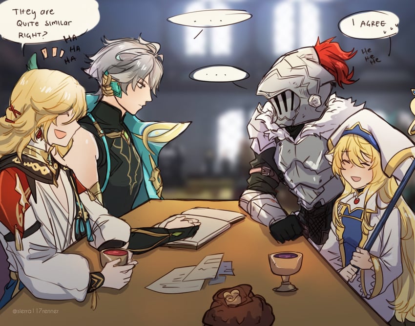 alhaitham, kaveh, priestess, goblin slayer, and umehara yuuichirou (genshin impact and 1 more) drawn by sierra117renner