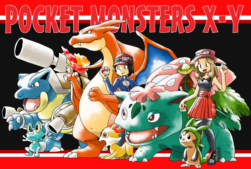 serena, charizard, calem, fennekin, venusaur, and 3 more (pokemon and 1 more) drawn by shitappa_13-gou