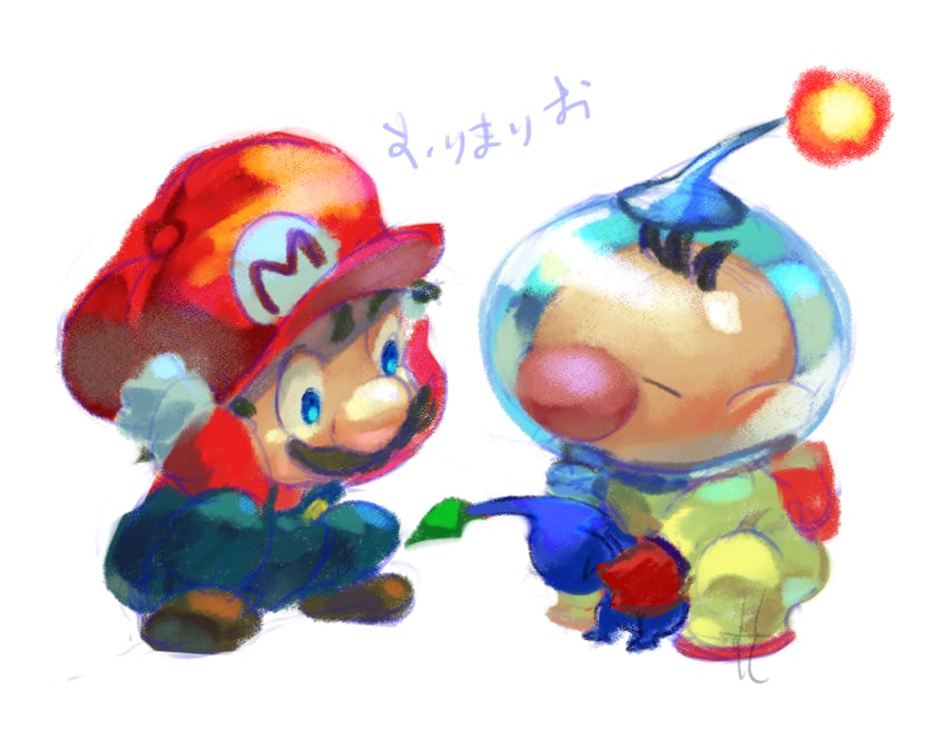 mario, olimar, and blue pikmin (mario and 1 more) drawn by mudani_narimasu