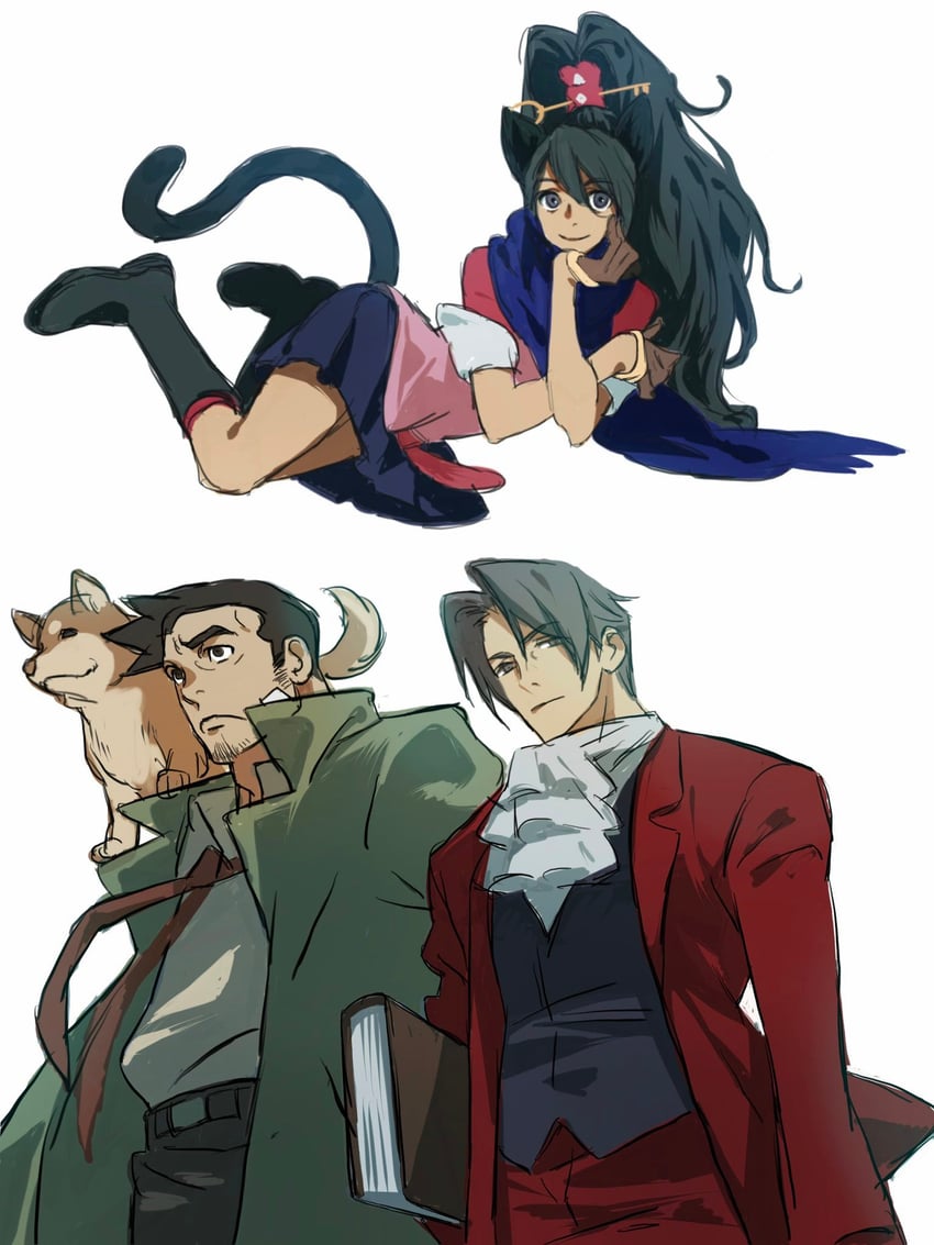 miles edgeworth, dick gumshoe, kay faraday, and missile (ace attorney and 1 more) drawn by sotenborii
