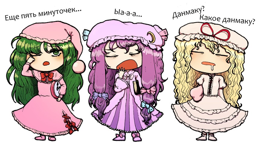 patchouli knowledge, yakumo yukari, and kazami yuuka (touhou) drawn by moonywitcher