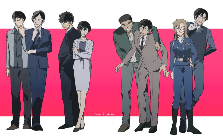 scotch, matsuda jinpei, hagiwara kenji, satou miwako, takagi wataru, and 3 more (meitantei conan) drawn by czech_gana