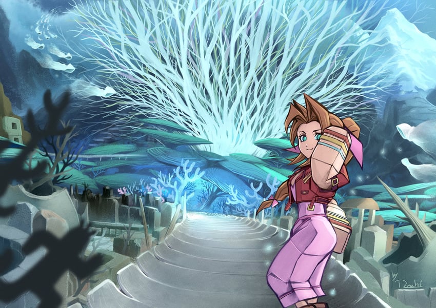 aerith gainsborough (final fantasy and 3 more) drawn by mochi_mangaka