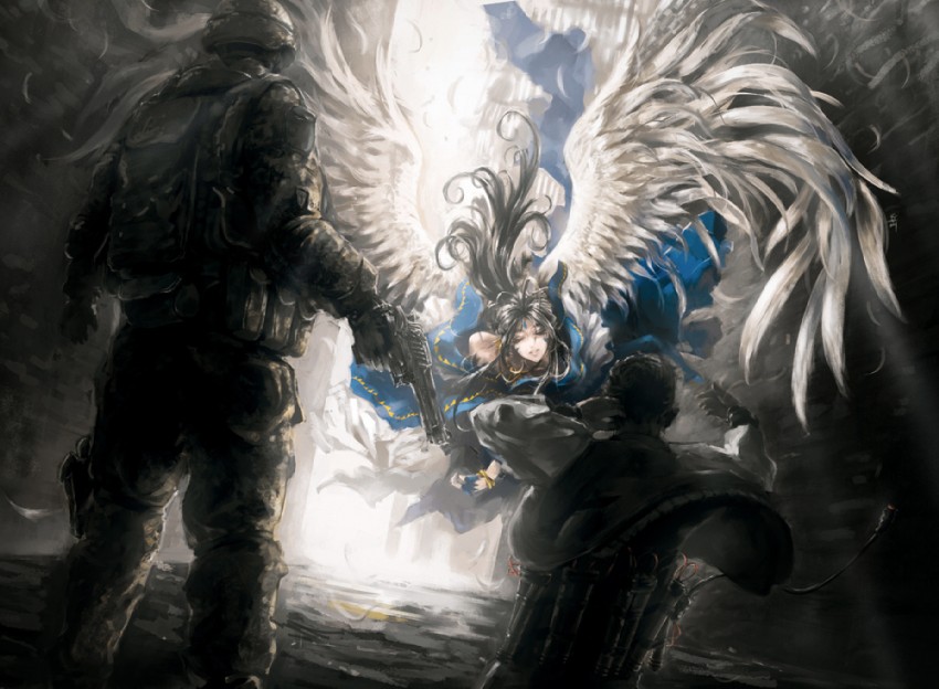 belldandy, william james, and beckham (aa megami-sama and 1 more) drawn by archlich