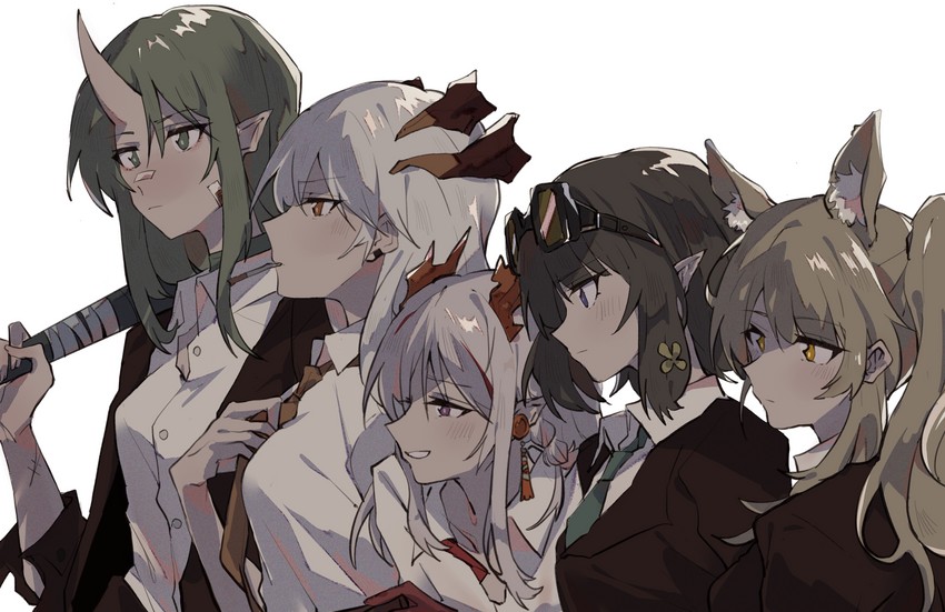 nian, saria, hoshiguma, eunectes, and blemishine (arknights) drawn by kyou_039