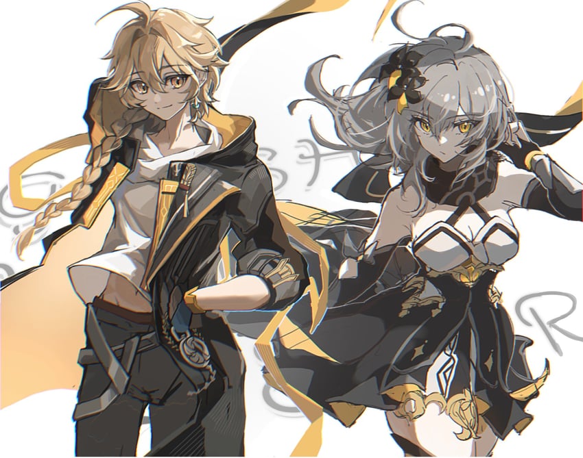 lumine, trailblazer, aether, stelle, and caelus (genshin impact and 3 more) drawn by situki