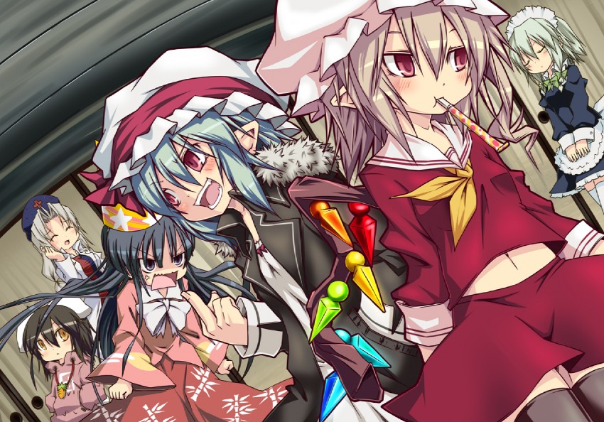 remilia scarlet, flandre scarlet, izayoi sakuya, houraisan kaguya, inaba tewi, and 1 more (touhou) drawn by noya_makoto