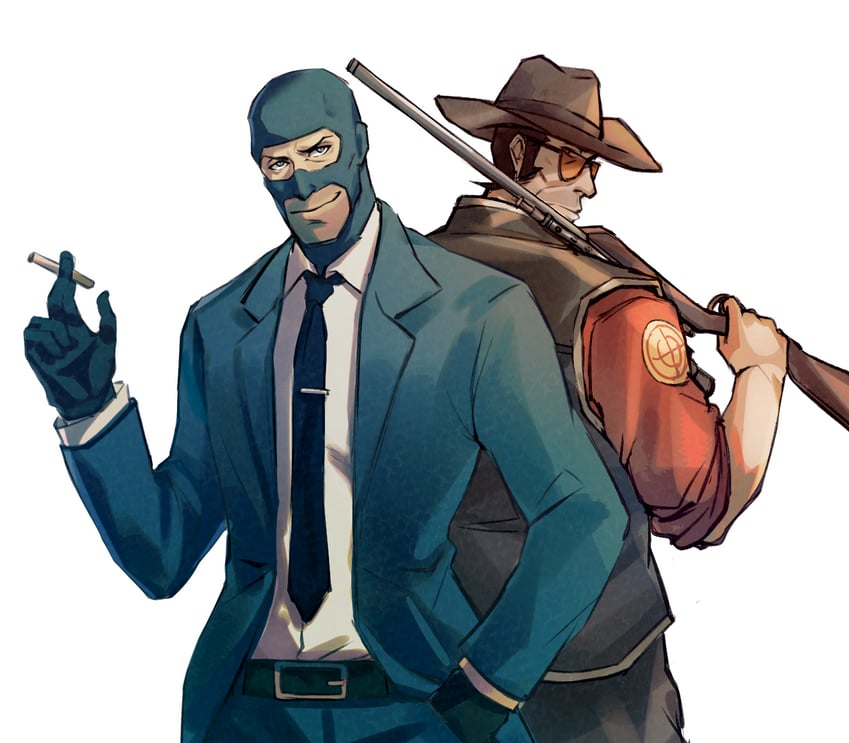 spy, sniper, red sniper, and blu spy (team fortress 2) drawn by sdz_(inazuma)