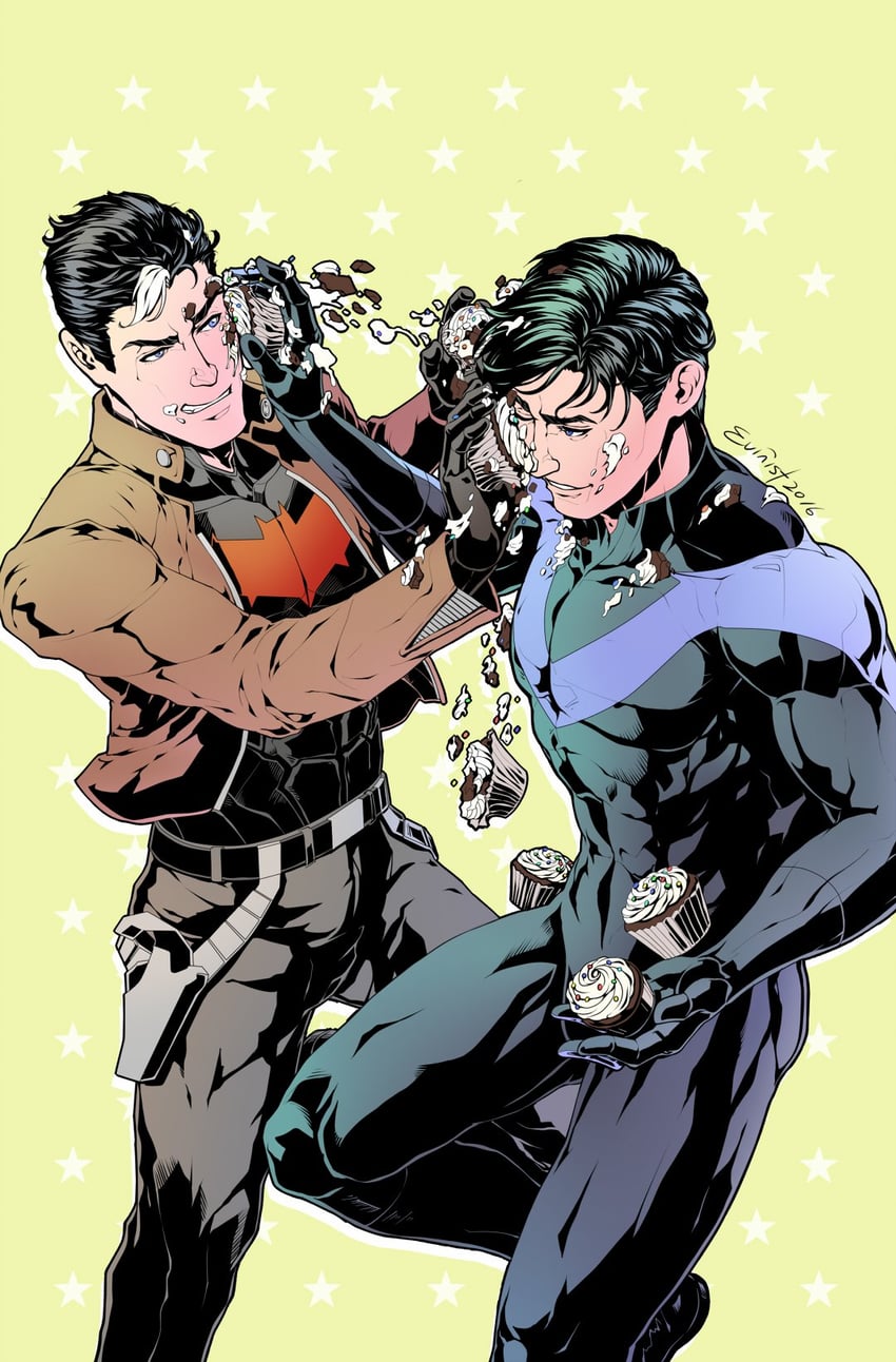 dick grayson, jason todd, nightwing, and red hood (dc comics and 1 more) drawn by evinist