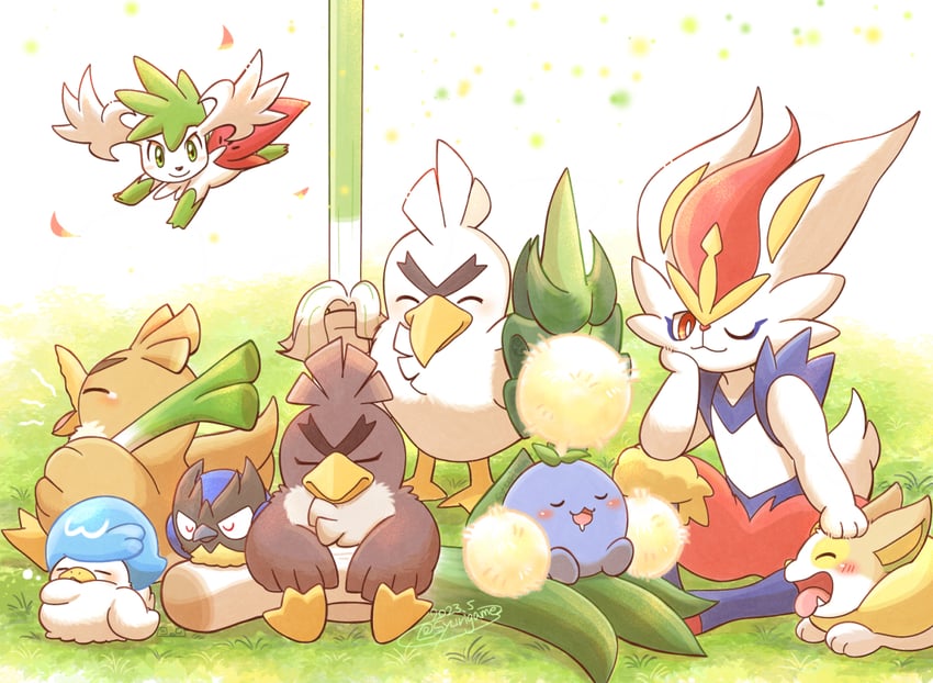 cinderace, yamper, quaxly, shaymin, sirfetch'd, and 4 more (pokemon) drawn by shuri_(syurigame)