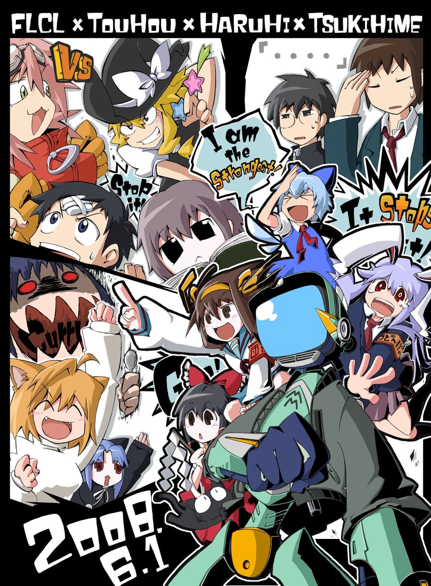 hakurei reimu, kirisame marisa, cirno, reisen udongein inaba, suzumiya haruhi, and 9 more (touhou and 3 more) drawn by zakkubaran