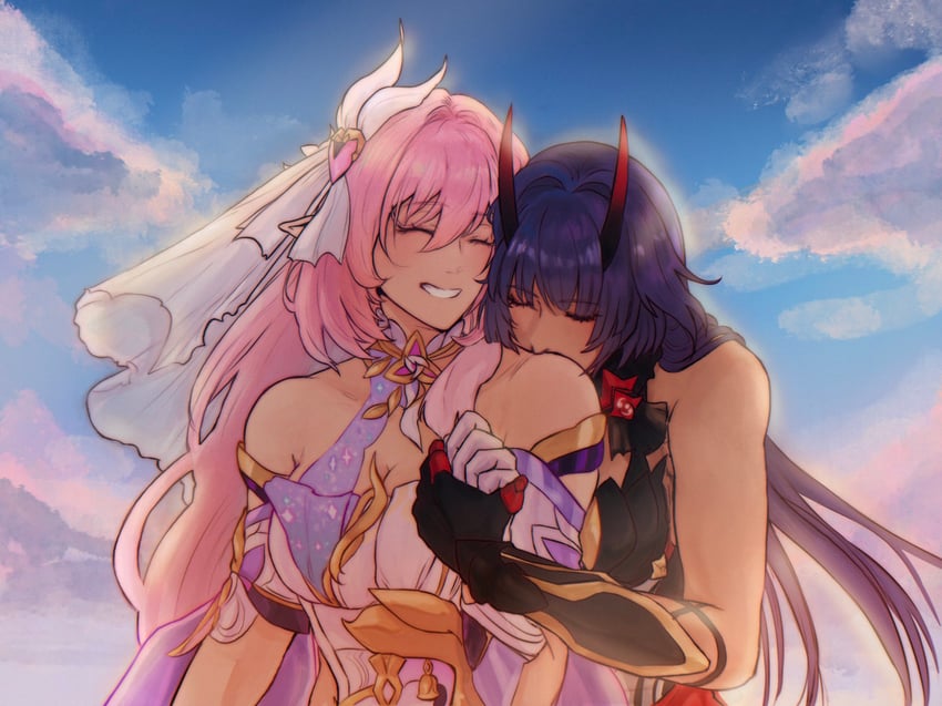 raiden mei and elysia (honkai and 1 more) drawn by farcicalhelix