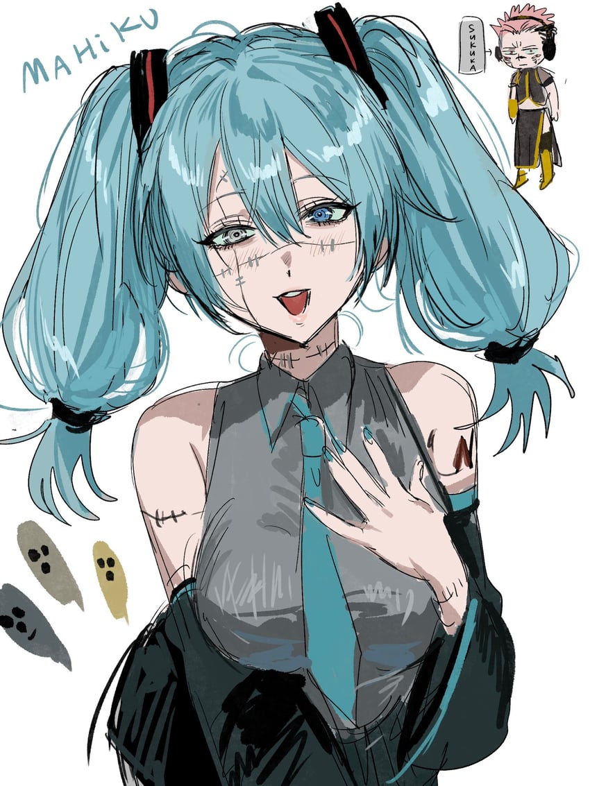 hatsune miku, megurine luka, ryoumen sukuna, and mahito (vocaloid and 1 more) drawn by fallsoki
