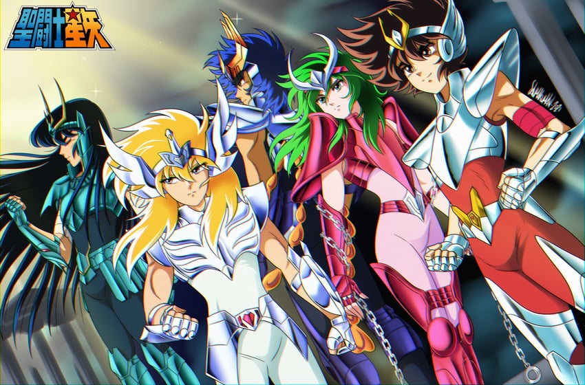 pegasus seiya, andromeda shun, dragon shiryuu, cygnus hyouga, and phoenix ikki (saint seiya) drawn by danmakuman