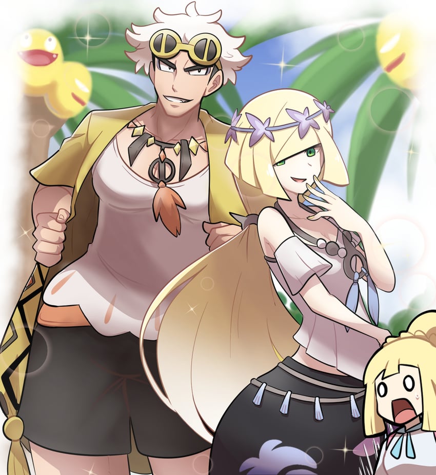 lillie, lusamine, hau, guzma, alolan exeggutor, and 1 more (pokemon and 2 more) drawn by saon101