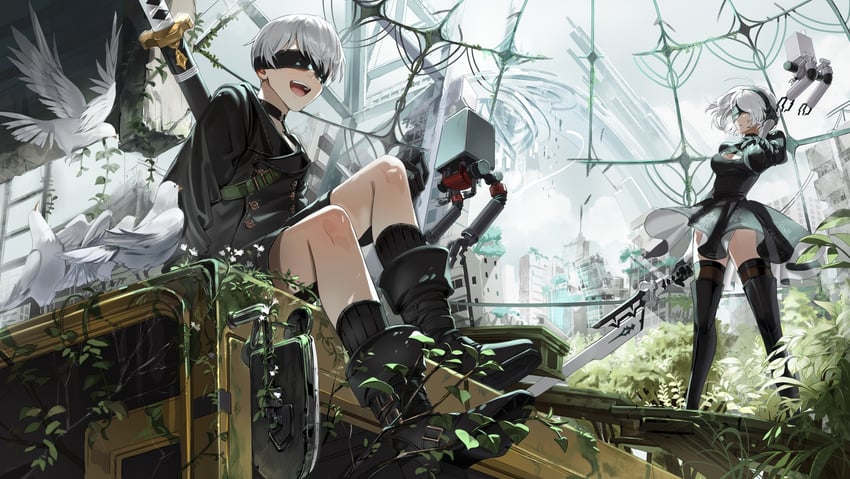 2b, 9s, and pod (nier and 1 more) drawn by mona0101