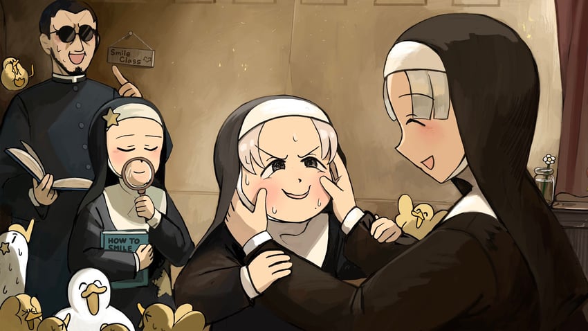 star nun, smug nun, father, and parted grey nun (little nuns) drawn by diva_(hyxpk)