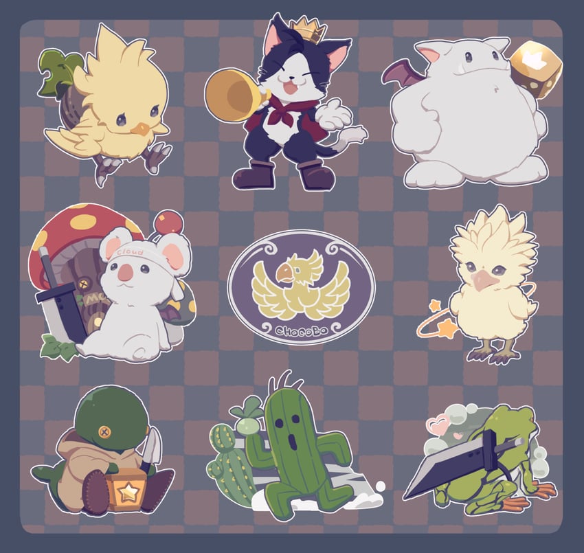 cloud strife, moogle, cait sith, sabotender, and tonberry (final fantasy and 3 more) drawn by saki_(hxaxcxk)