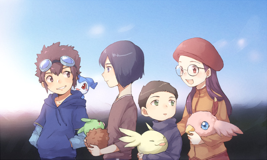 motomiya daisuke, inoue miyako, ichijouji ken, chibimon, hida iori, and 3 more (digimon and 1 more) drawn by jenrea