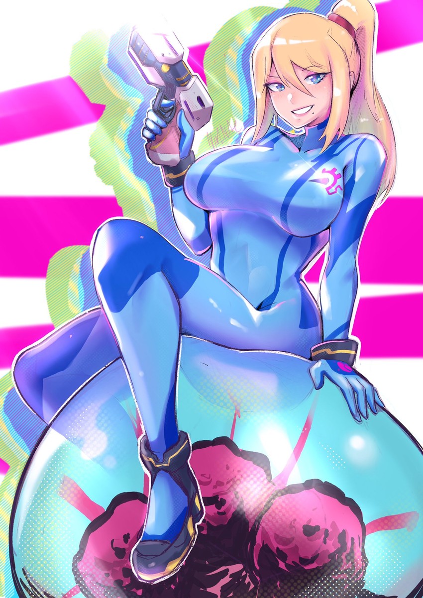samus aran, metroid, and metroid larva (metroid) drawn by vialnite