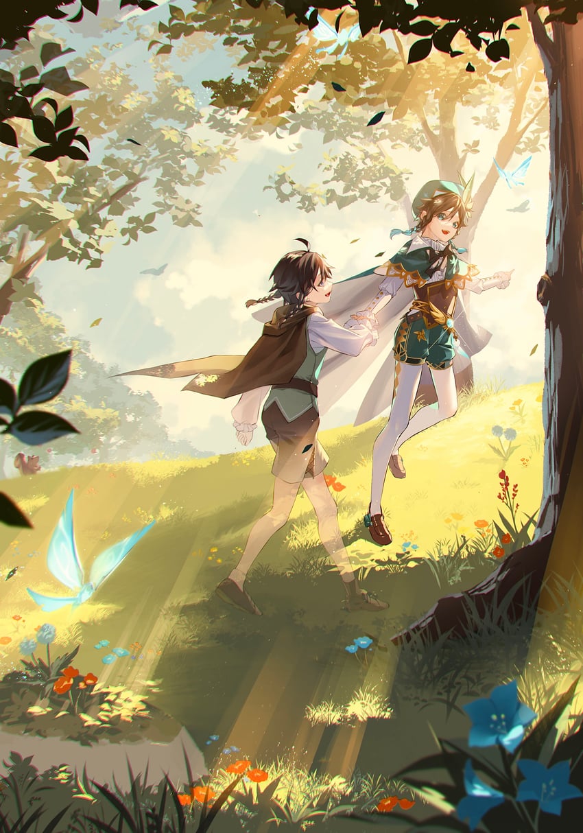 venti, crystalfly, and nameless bard (genshin impact) drawn by sainome_(imveryfinethx)