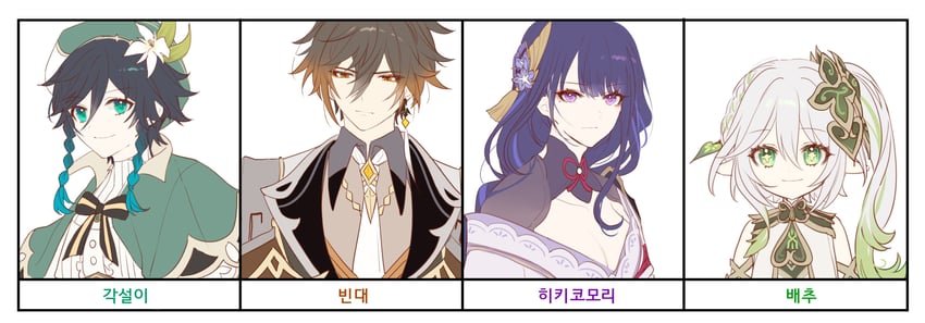 raiden shogun, nahida, zhongli, and venti (genshin impact) drawn by sp0i0ppp