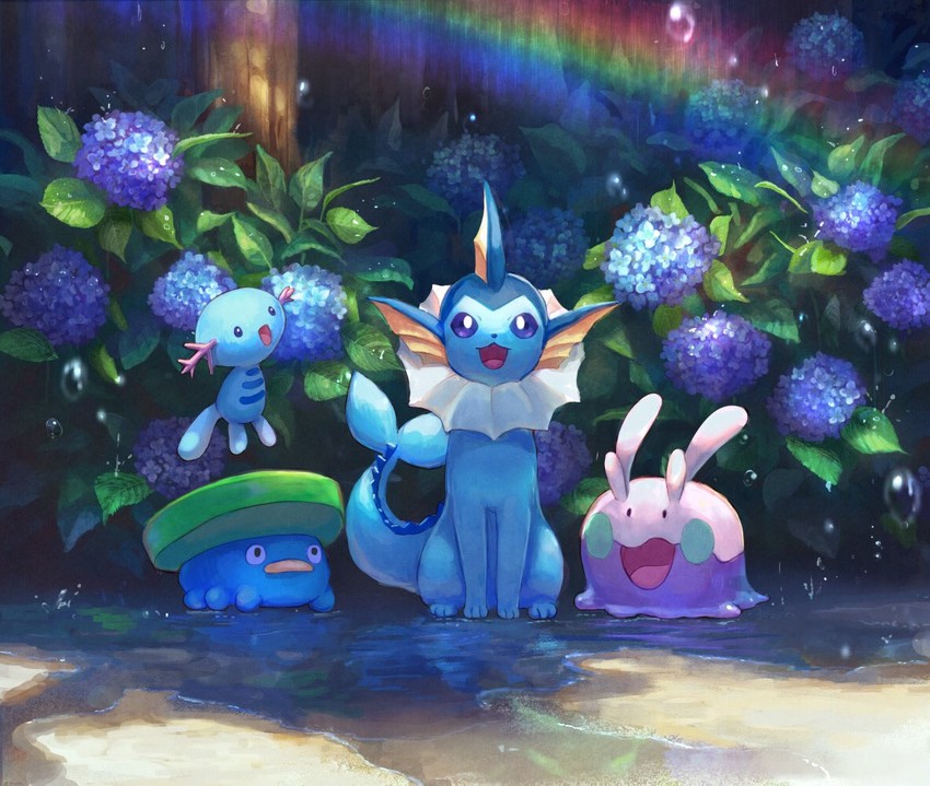 vaporeon, goomy, wooper, and lotad (pokemon) drawn by pippi_(pixiv_1922055)