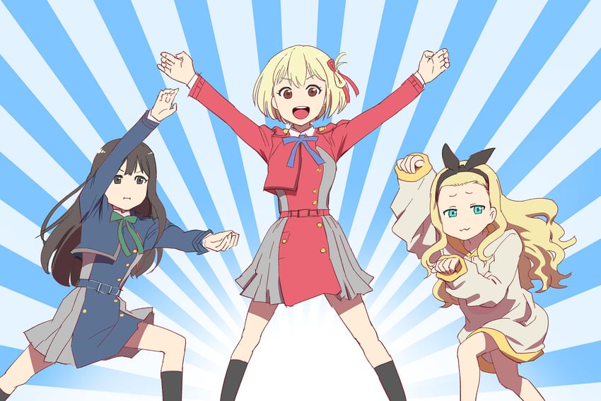 nishikigi chisato, inoue takina, and kurumi (lycoris recoil and 2 more) drawn by ueyama_michirou