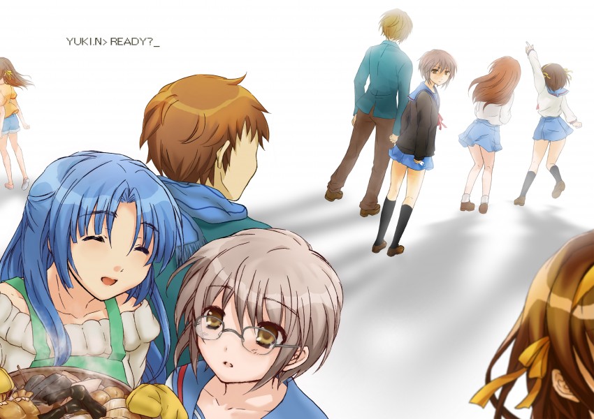 suzumiya haruhi, nagato yuki, asahina mikuru, kyon, asakura ryoko, and 1 more (suzumiya haruhi no yuuutsu and 1 more) drawn by haziru