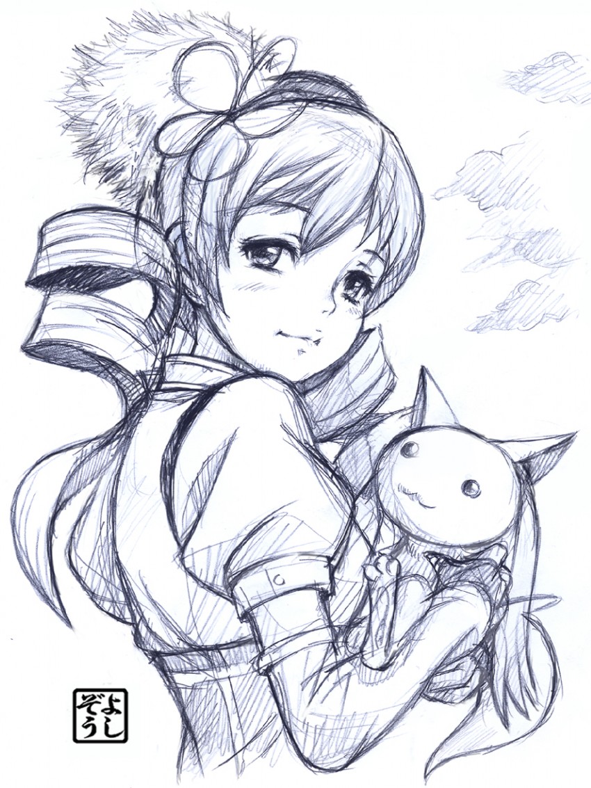 tomoe mami and kyubey (mahou shoujo madoka magica) drawn by yoshikawa_kazunori