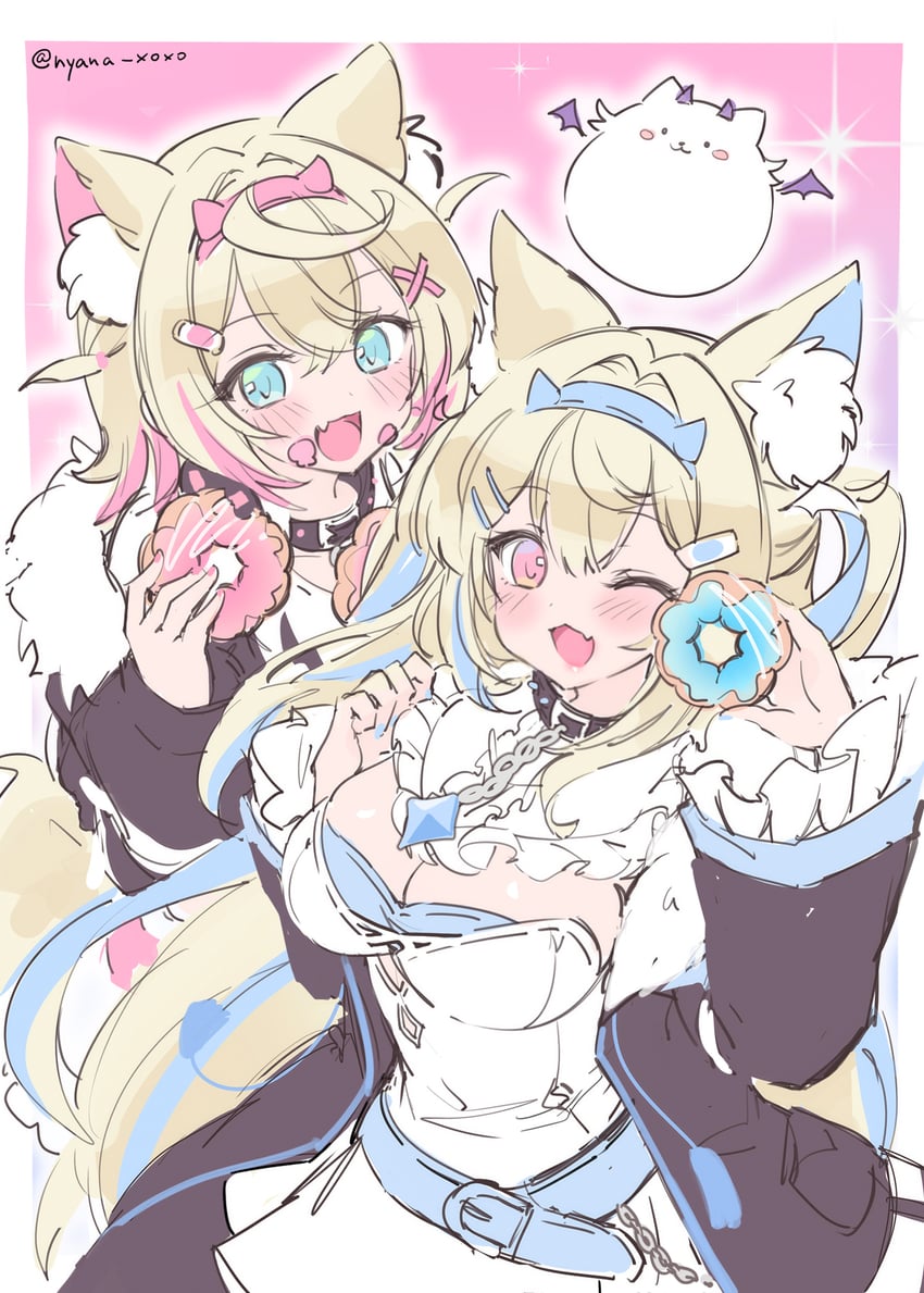 fuwawa abyssgard, mococo abyssgard, and perroccino (hololive and 1 more) drawn by nyana_xoxo