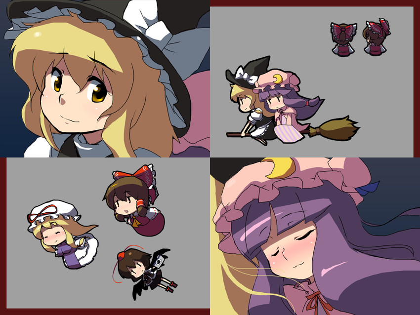hakurei reimu, kirisame marisa, patchouli knowledge, yakumo yukari, and shameimaru aya (touhou) drawn by blueberry_(5959)