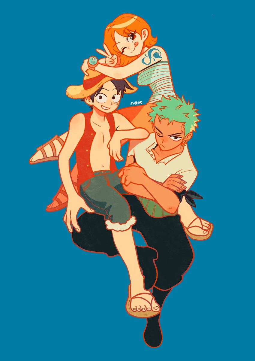 nami, monkey d. luffy, and roronoa zoro (one piece) drawn by nok_(nok_1)