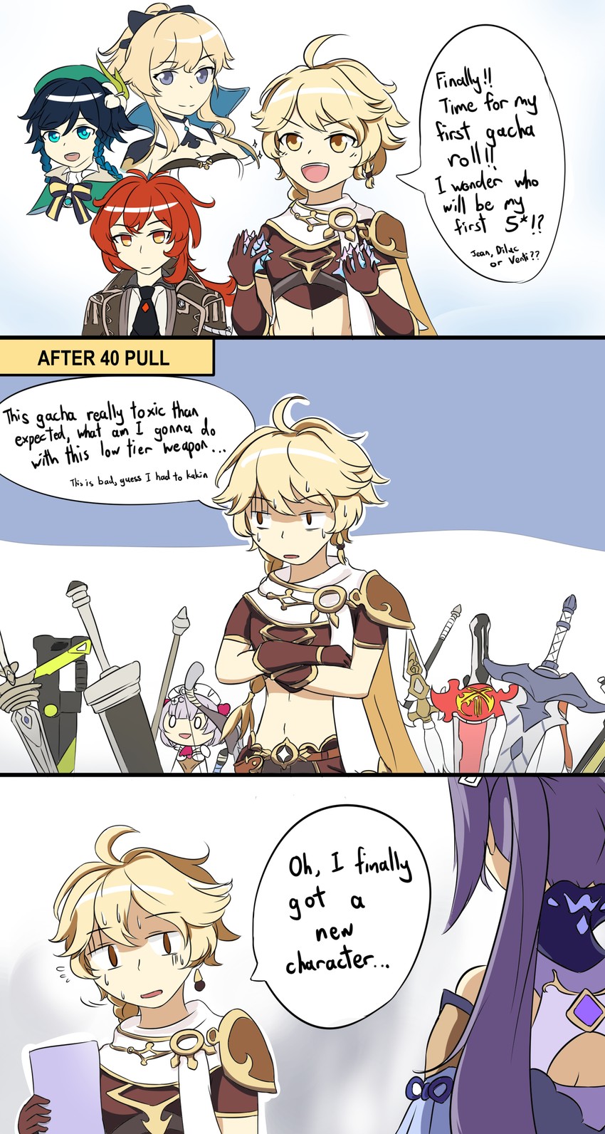 aether, keqing, venti, jean, diluc, and 1 more (genshin impact) drawn by kiiyodex