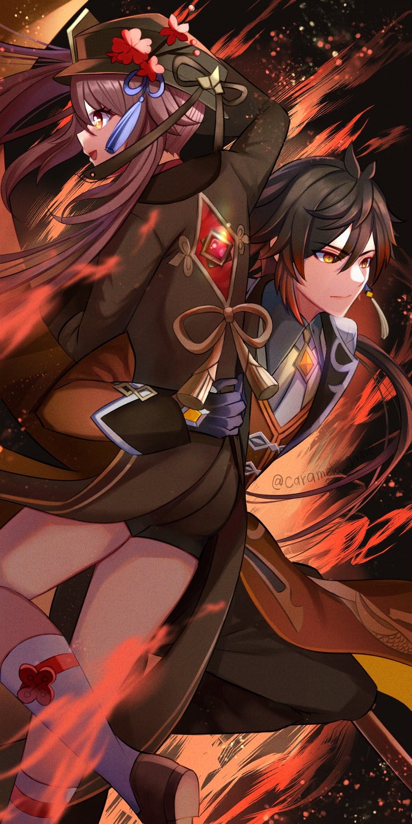 hu tao and zhongli (genshin impact) drawn by caramelo_game
